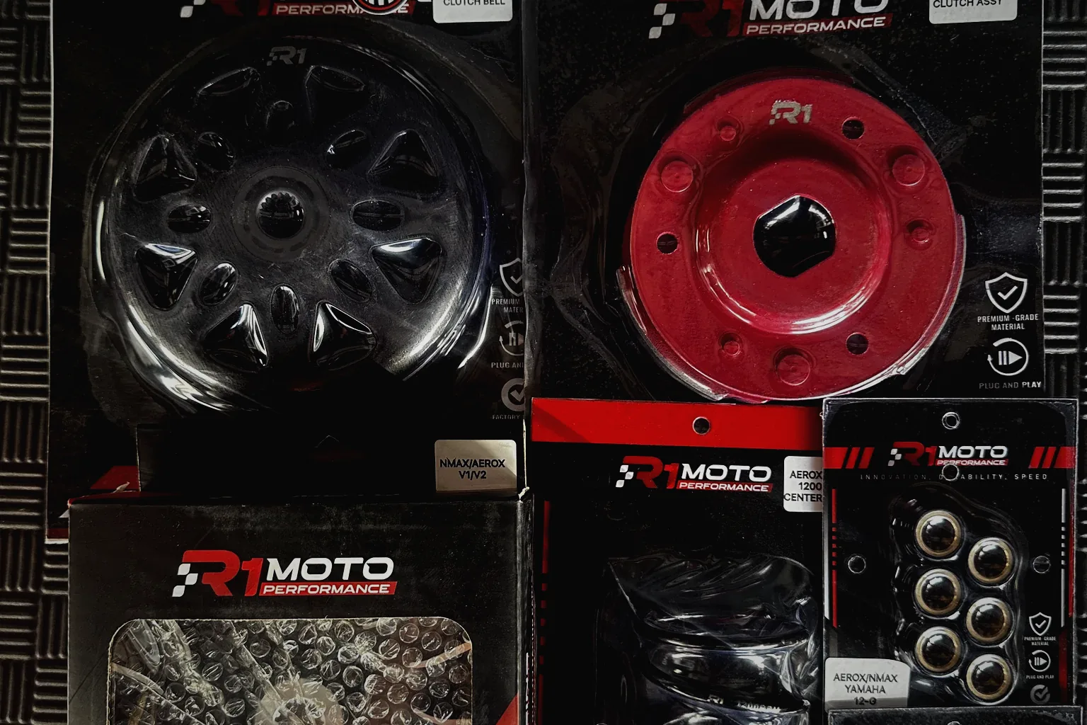 R1Moto CVT performance parts: clutch bell, pulley set and flyballs at MotoNorte